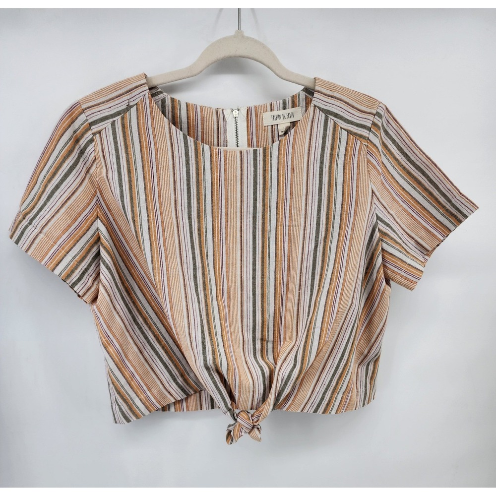 Fashion On Earth Large Cotton Linen Striped‎ Front Tie Crop Top Brown White